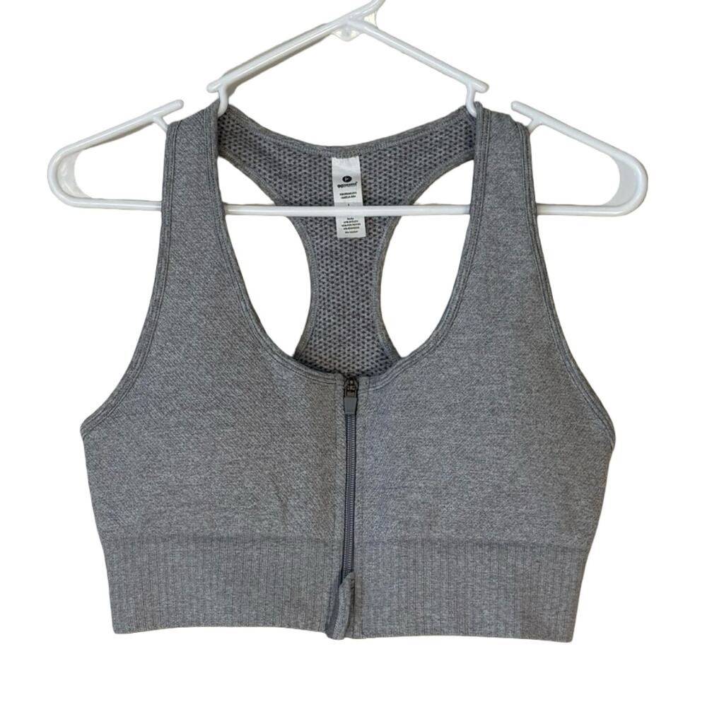 90 Degree by Reflex Amelia Zip Front Sports Bra Large Gray Ribbed